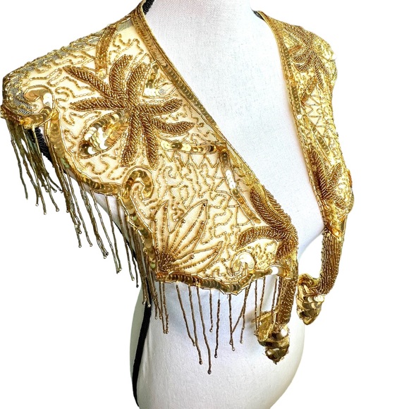 Vintage Heavily Beaded Sequined Lace Gold Tone Frilly Shrug Wrap - Picture 4 of 15